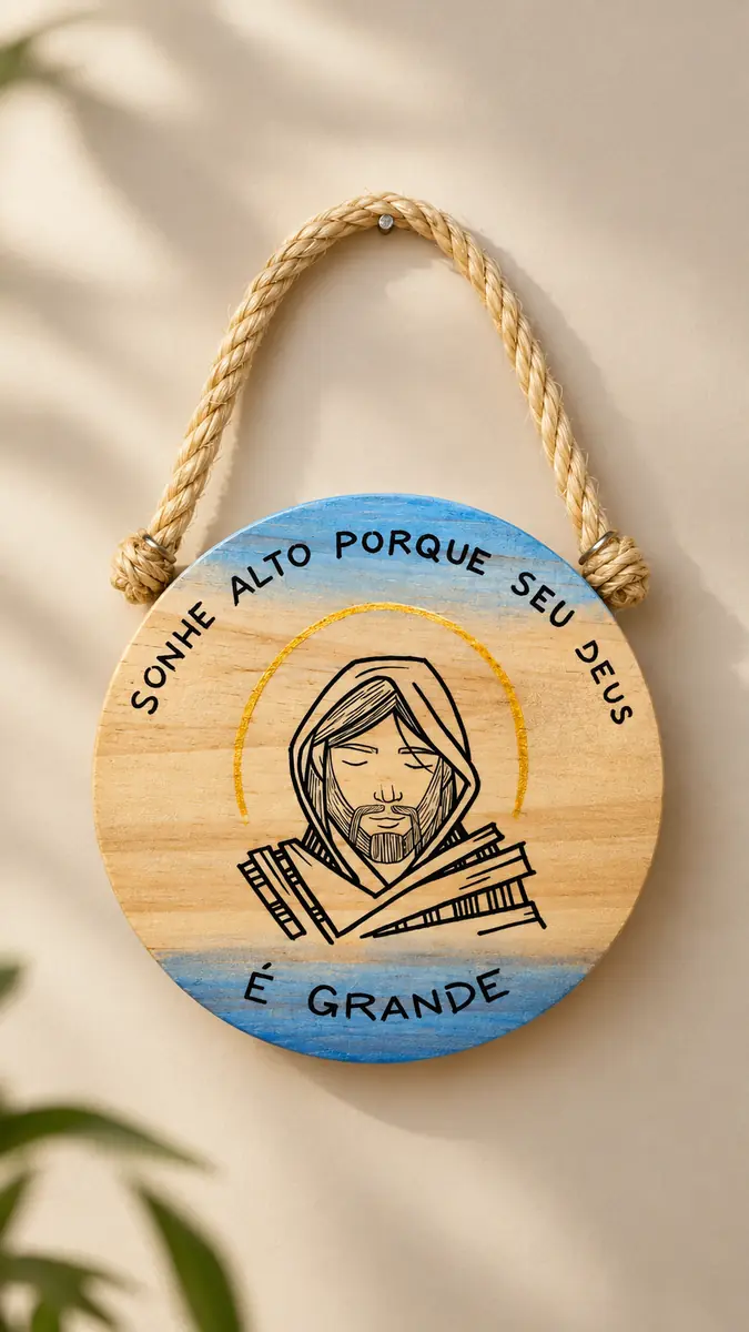 Quadro Jesus Cristo 15 cm com frase Sonhe alto porque seu Deus é grande