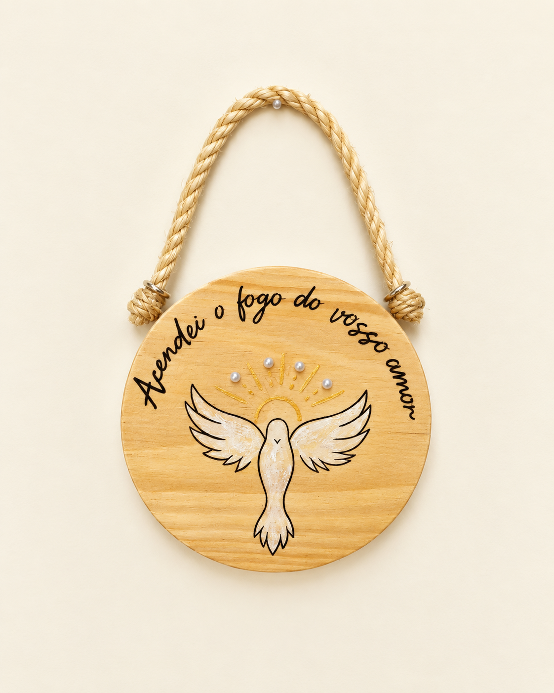 Quadro Divino Espírito Santo com pomba branca e frase Acendei o fogo do vosso amor