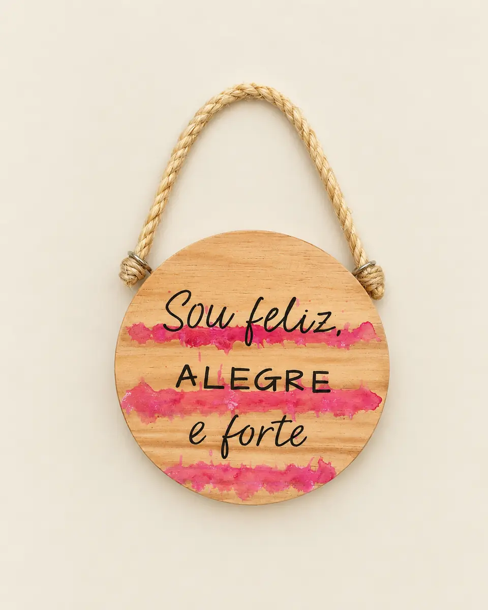 Quadro Sou feliz, alegre e forte 15 cm com faixas rosa