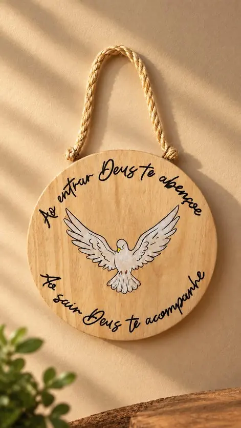 Quadro com pomba do Divino e frase Ao entrar Deus te abençoe