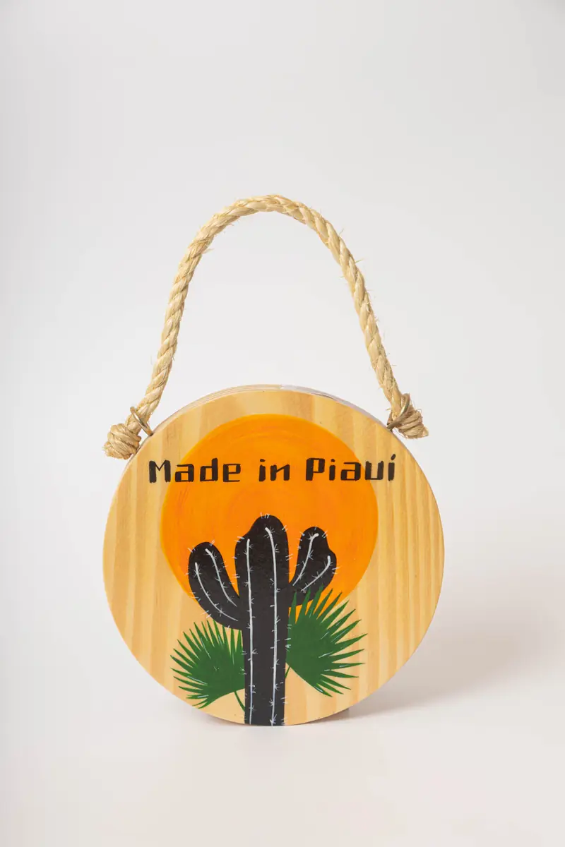 Quadro Made in Piauí com cacto, folhas de carnaúba e sol laranja
